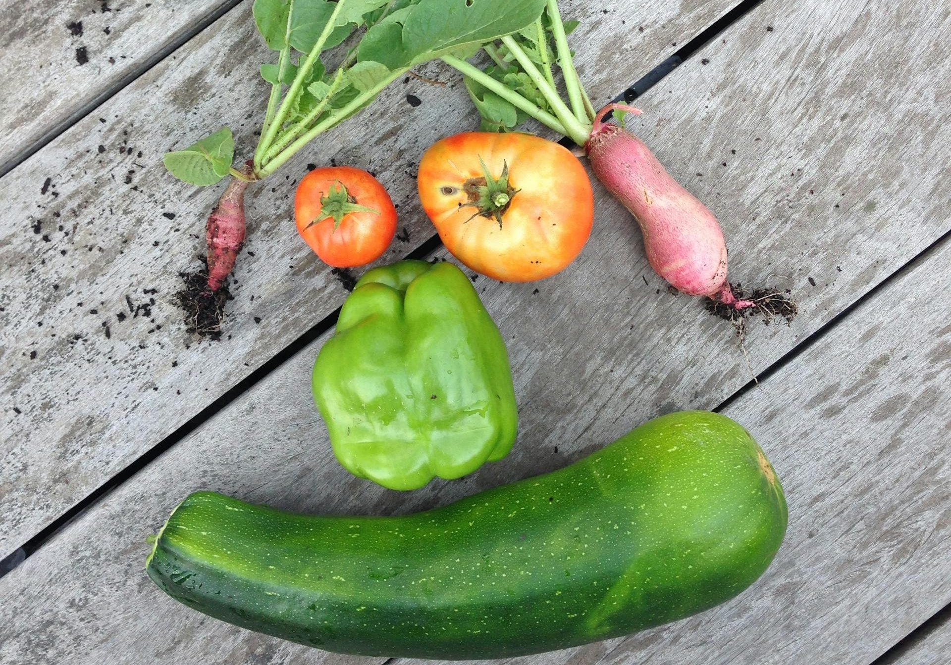 A vibrant collection of fresh garden vegetables laid out on a wooden surface, showcasing organic produce.